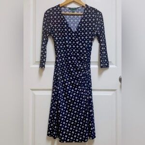 Ralph Lauren Navy and White Geometric 3/4 Sleeve Dress